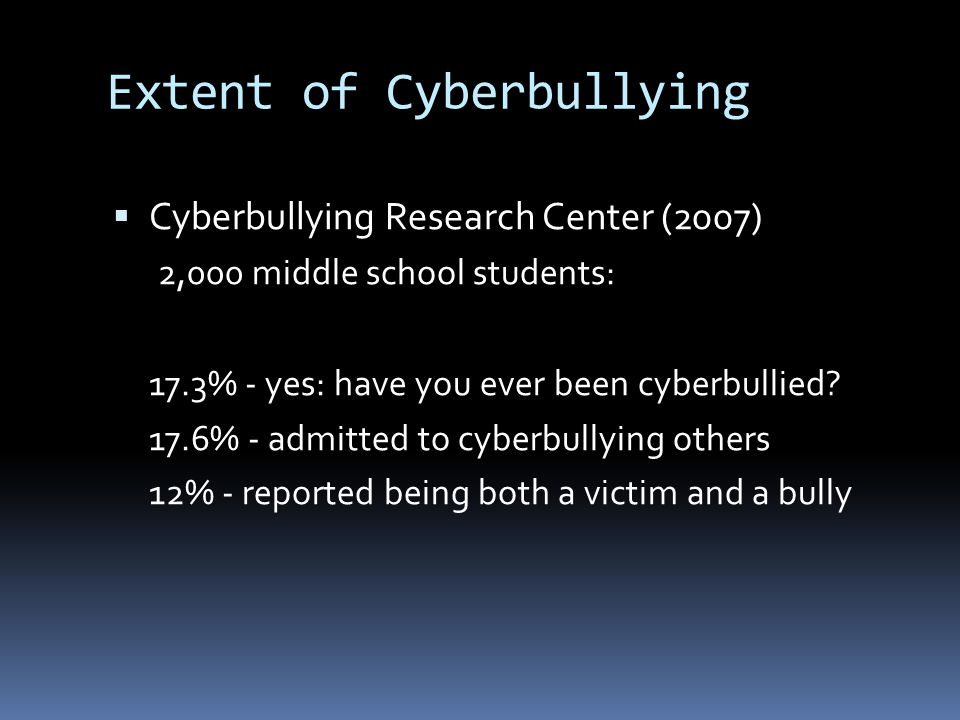 Extent of Cyberbullying  Cyberbullying Research Center (2007) 2,000 middle school students: 17.3% - yes: have you ever been cyberbullied.