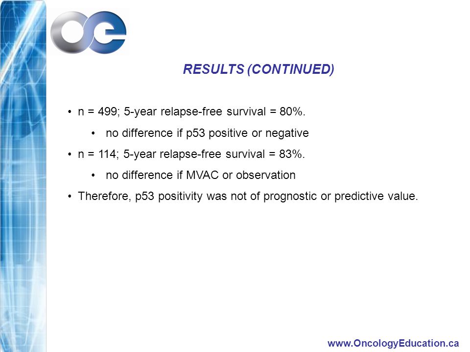 RESULTS (CONTINUED) n = 499; 5-year relapse-free survival = 80%.