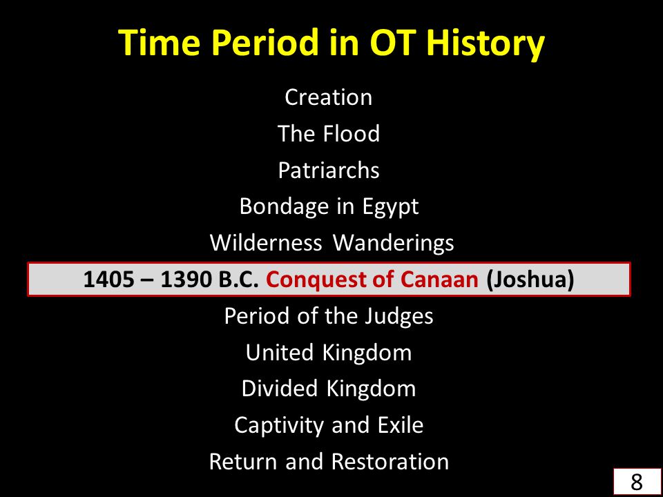 Creation The Flood Patriarchs Bondage in Egypt Wilderness Wanderings 1405 – 1390 B.C.