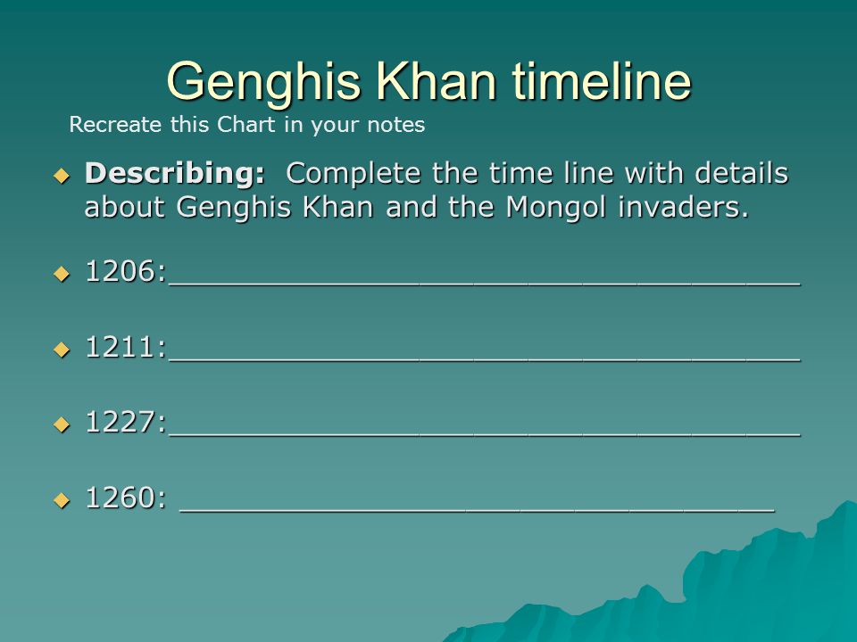 Genghis Khan timeline  Describing: Complete the time line with details about Genghis Khan and the Mongol invaders.