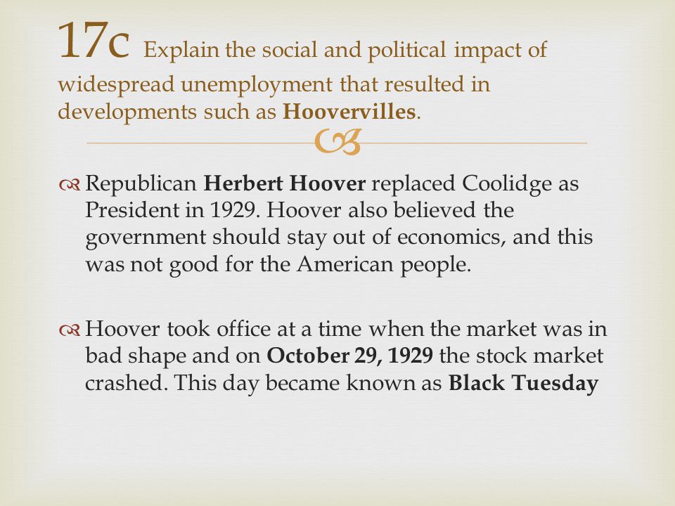   Republican Herbert Hoover replaced Coolidge as President in 1929.