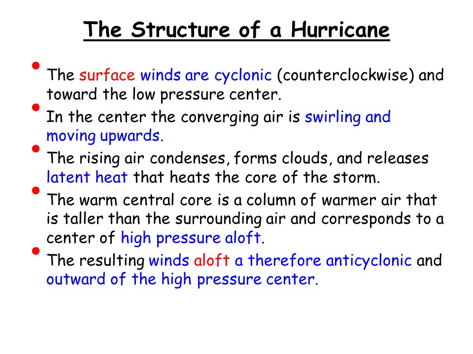 The Structure of a Hurricane The surface winds are cyclonic (counterclockwise) and toward the low pressure center.