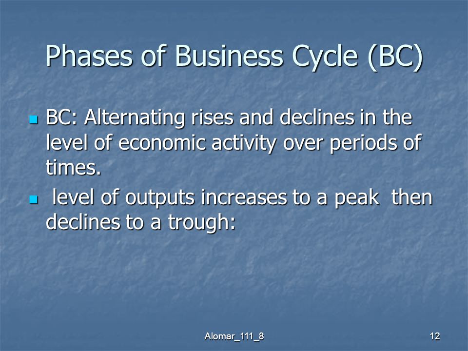 Alomar_111_812 Phases of Business Cycle (BC) BC: Alternating rises and declines in the level of economic activity over periods of times.