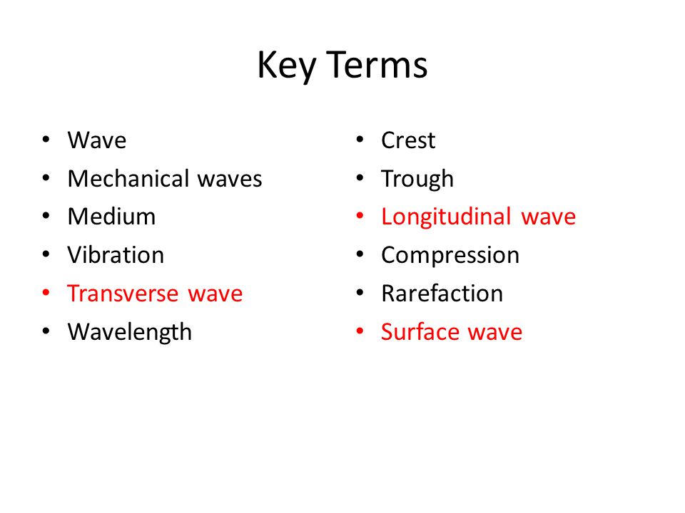 Key Terms Wave Mechanical waves Medium Vibration Transverse wave Wavelength Crest Trough Longitudinal wave Compression Rarefaction Surface wave