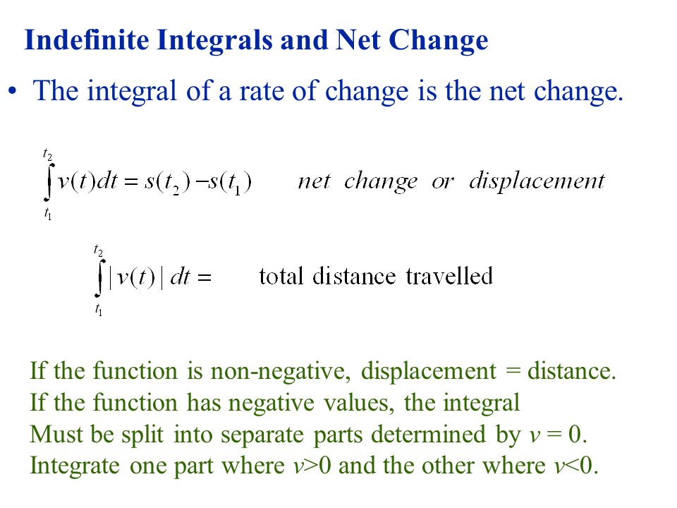 Indefinite Integrals and Net Change The integral of a rate of change is the net change.