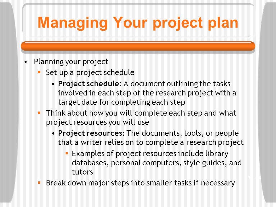 Managing Your project plan Planning your project  Set up a project schedule Project schedule: A document outlining the tasks involved in each step of the research project with a target date for completing each step  Think about how you will complete each step and what project resources you will use Project resources: The documents, tools, or people that a writer relies on to complete a research project  Examples of project resources include library databases, personal computers, style guides, and tutors  Break down major steps into smaller tasks if necessary 11-14
