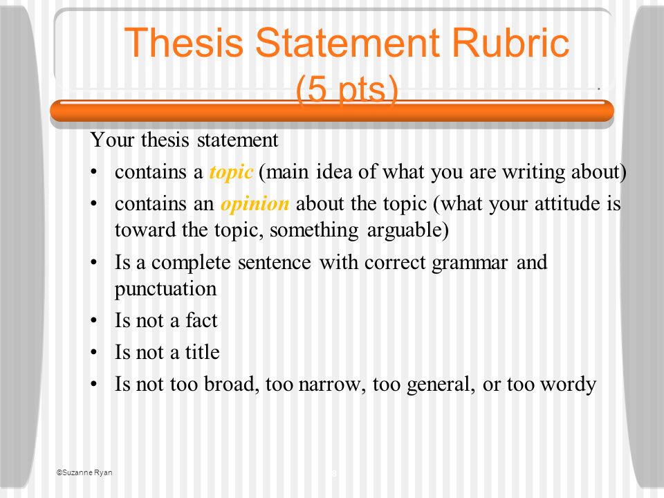 Thesis Statement Rubric (5 pts) Your thesis statement contains a topic (main idea of what you are writing about) contains an opinion about the topic (what your attitude is toward the topic, something arguable) Is a complete sentence with correct grammar and punctuation Is not a fact Is not a title Is not too broad, too narrow, too general, or too wordy ©Suzanne Ryan 18