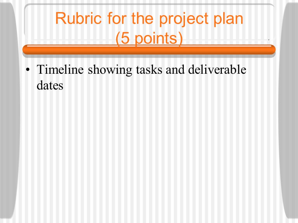 Rubric for the project plan (5 points) Timeline showing tasks and deliverable dates