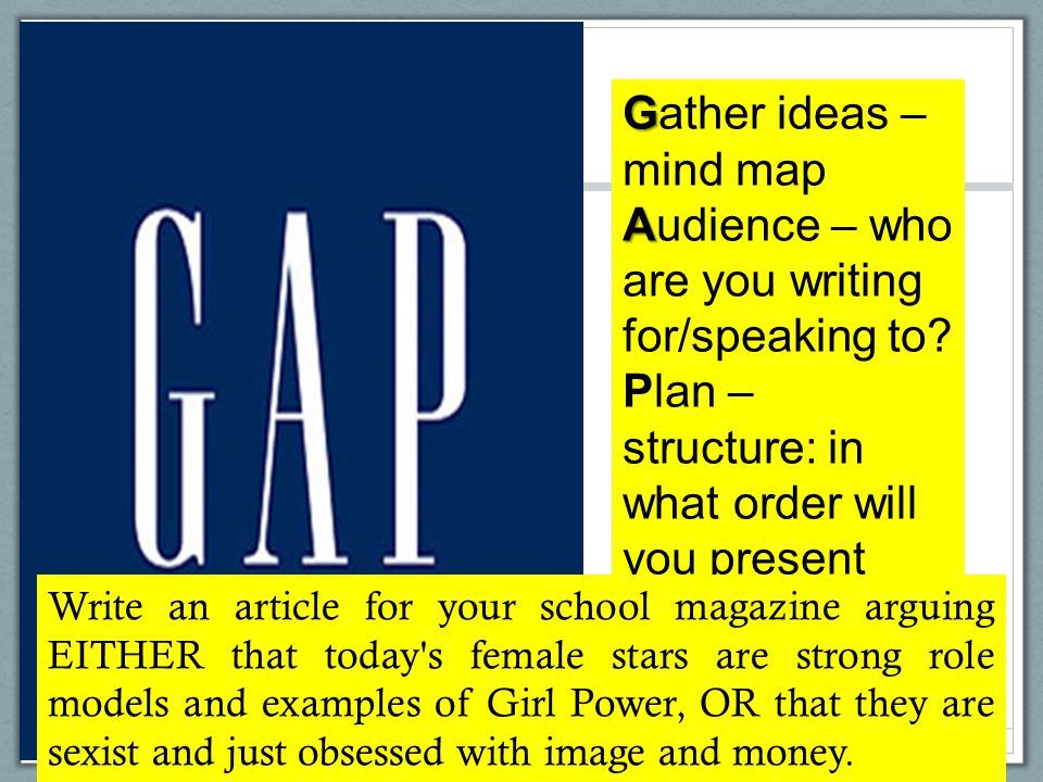 G Gather ideas – mind map A Audience – who are you writing for/speaking to.