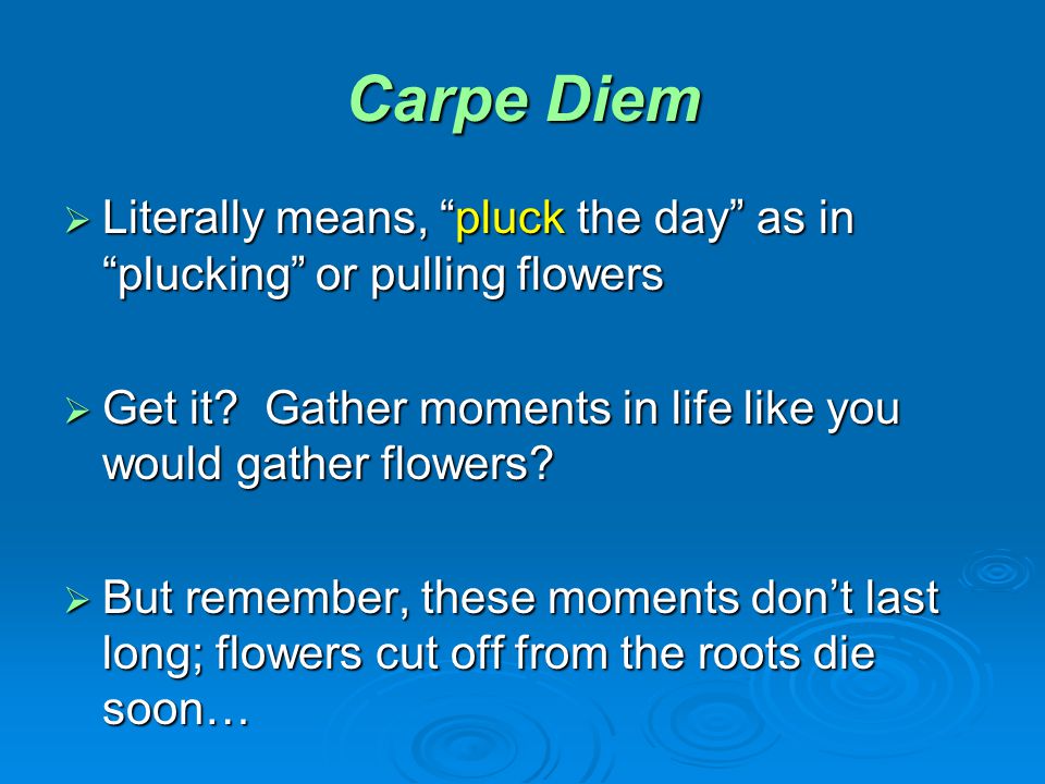 Carpe Diem  Literally means, pluck the day as in plucking or pulling flowers  Get it.