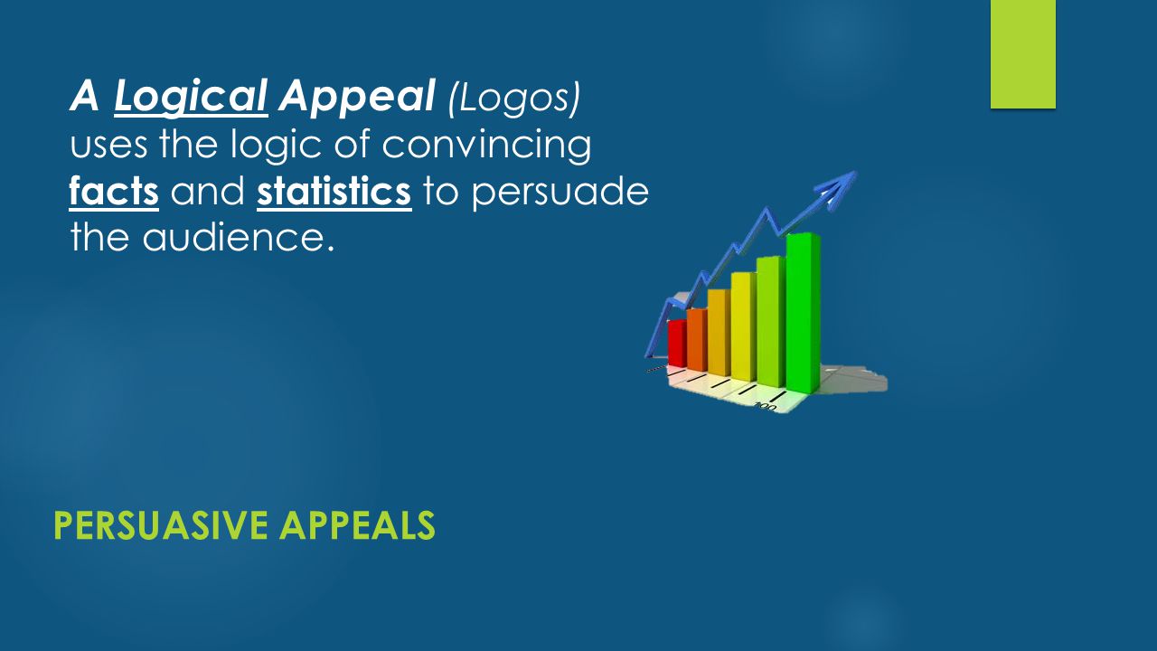 A Logical Appeal (Logos) uses the logic of convincing facts and statistics to persuade the audience.