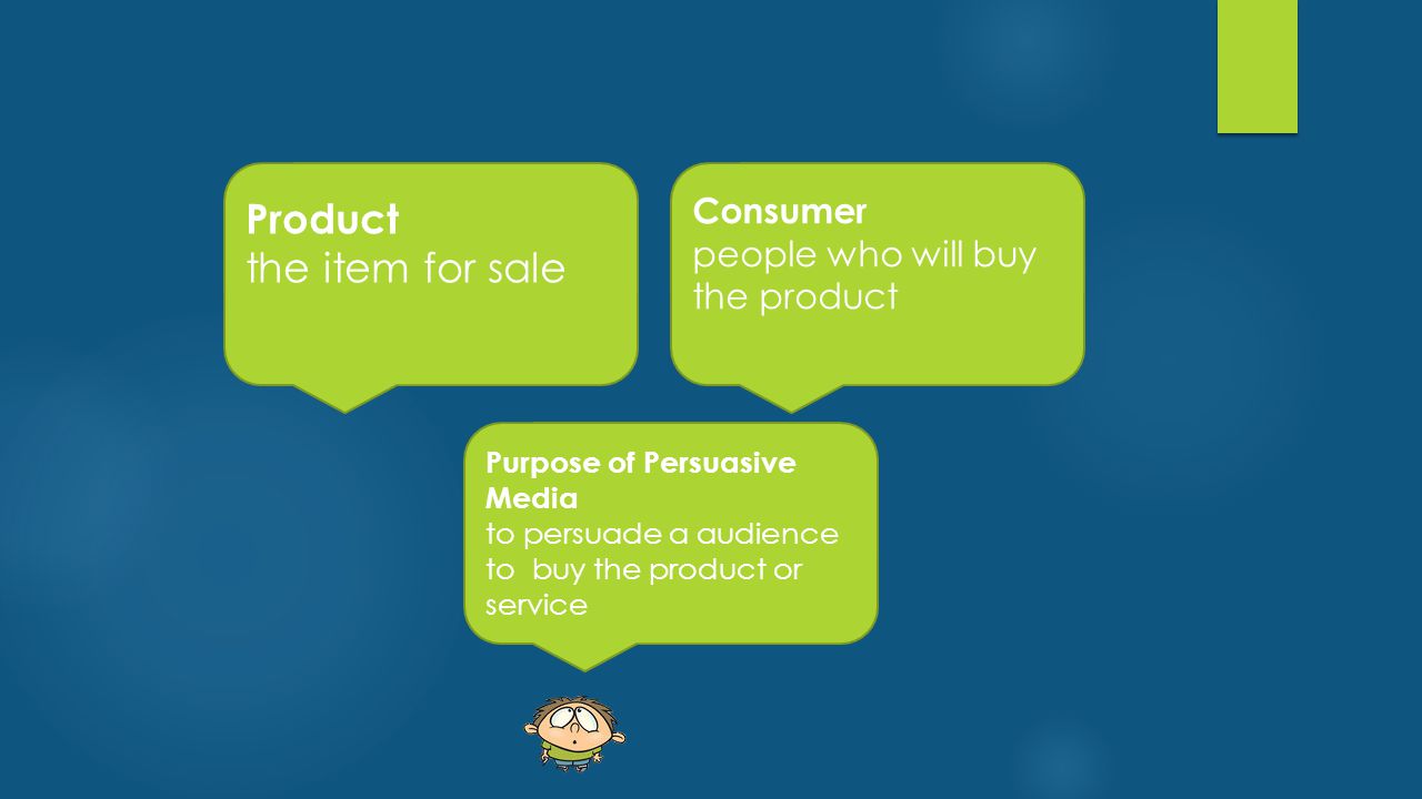 Product the item for sale Consumer people who will buy the product Purpose of Persuasive Media to persuade a audience to buy the product or service