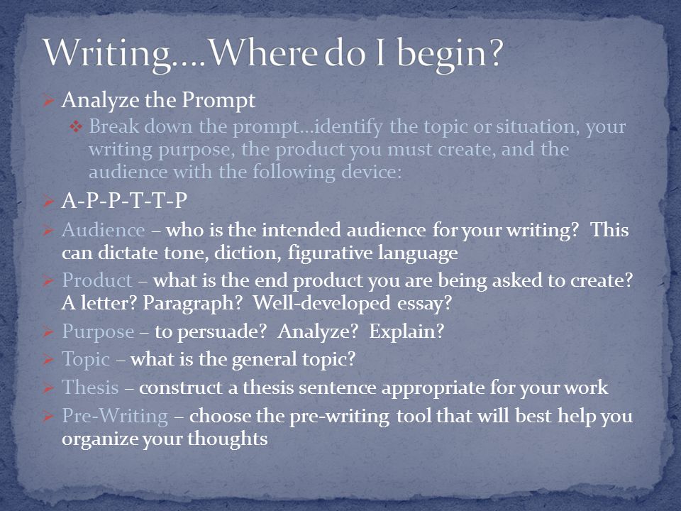  Analyze the Prompt  Break down the prompt…identify the topic or situation, your writing purpose, the product you must create, and the audience with the following device:  A-P-P-T-T-P  Audience – who is the intended audience for your writing.