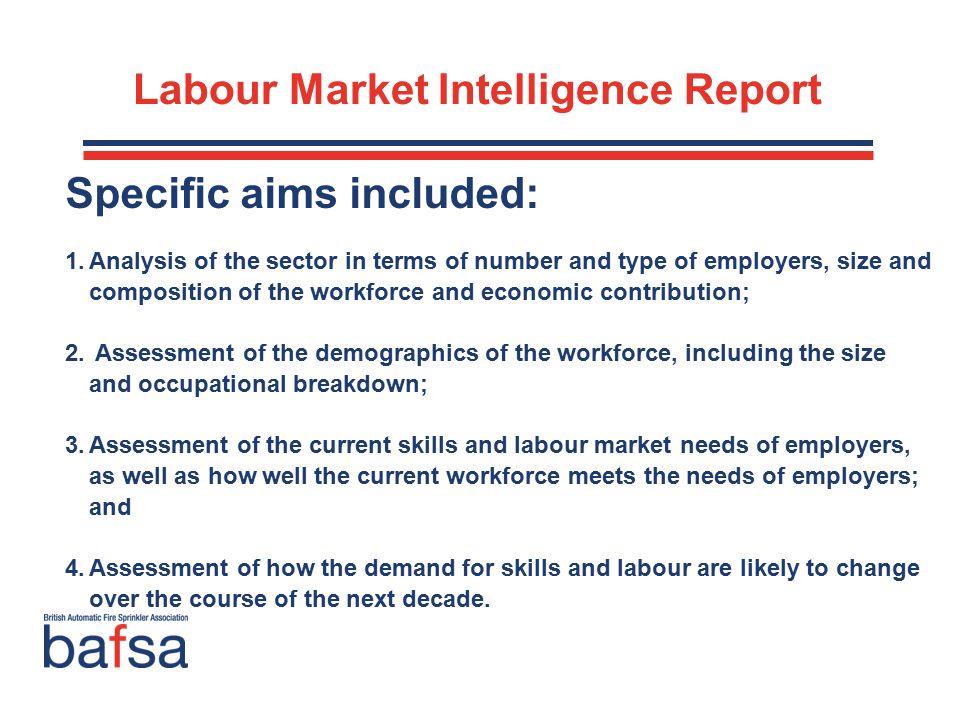 Labour Market Intelligence Report Specific aims included: 1.Analysis of the sector in terms of number and type of employers, size and composition of the workforce and economic contribution; 2.
