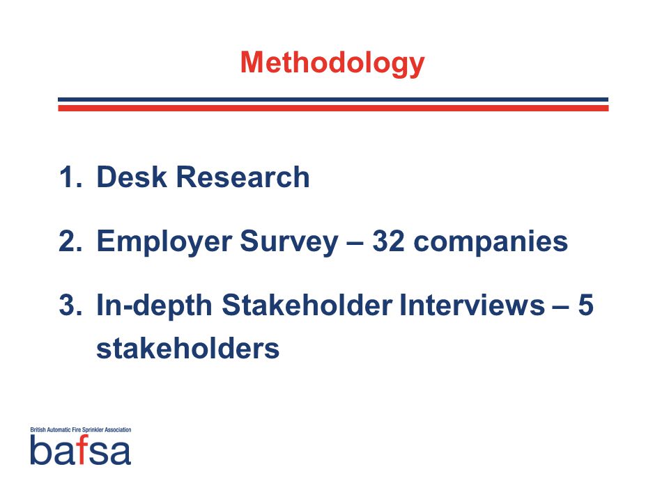 Methodology 1.Desk Research 2.Employer Survey – 32 companies 3.In-depth Stakeholder Interviews – 5 stakeholders