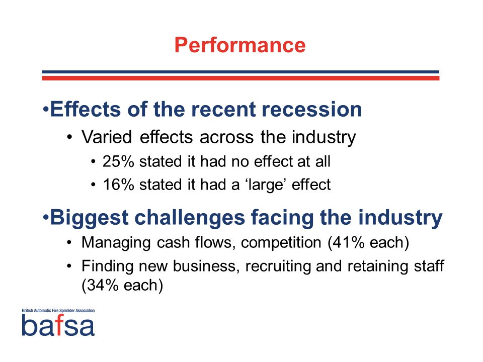 Performance Effects of the recent recession Varied effects across the industry 25% stated it had no effect at all 16% stated it had a ‘large’ effect Biggest challenges facing the industry Managing cash flows, competition (41% each) Finding new business, recruiting and retaining staff (34% each)