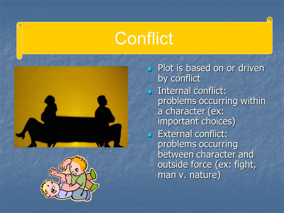 Plot is based on or driven by conflict Plot is based on or driven by conflict Internal conflict: problems occurring within a character (ex: important choices) Internal conflict: problems occurring within a character (ex: important choices) External conflict: problems occurring between character and outside force (ex: fight, man v.