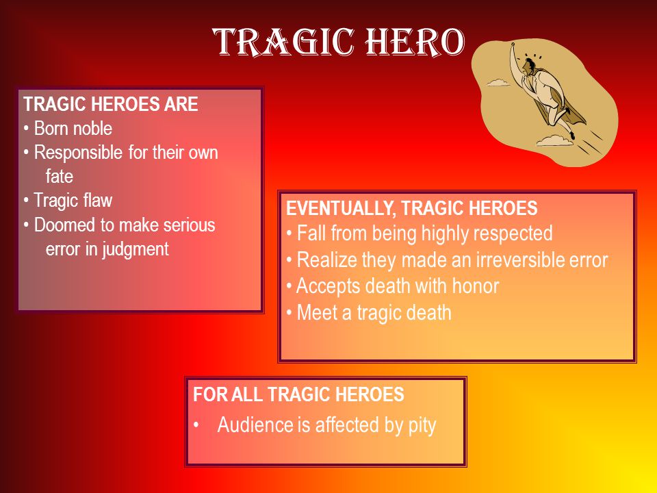 Tragic Hero TRAGIC HEROES ARE Born noble Responsible for their own fate Tragic flaw Doomed to make serious error in judgment EVENTUALLY, TRAGIC HEROES Fall from being highly respected Realize they made an irreversible error Accepts death with honor Meet a tragic death FOR ALL TRAGIC HEROES Audience is affected by pity