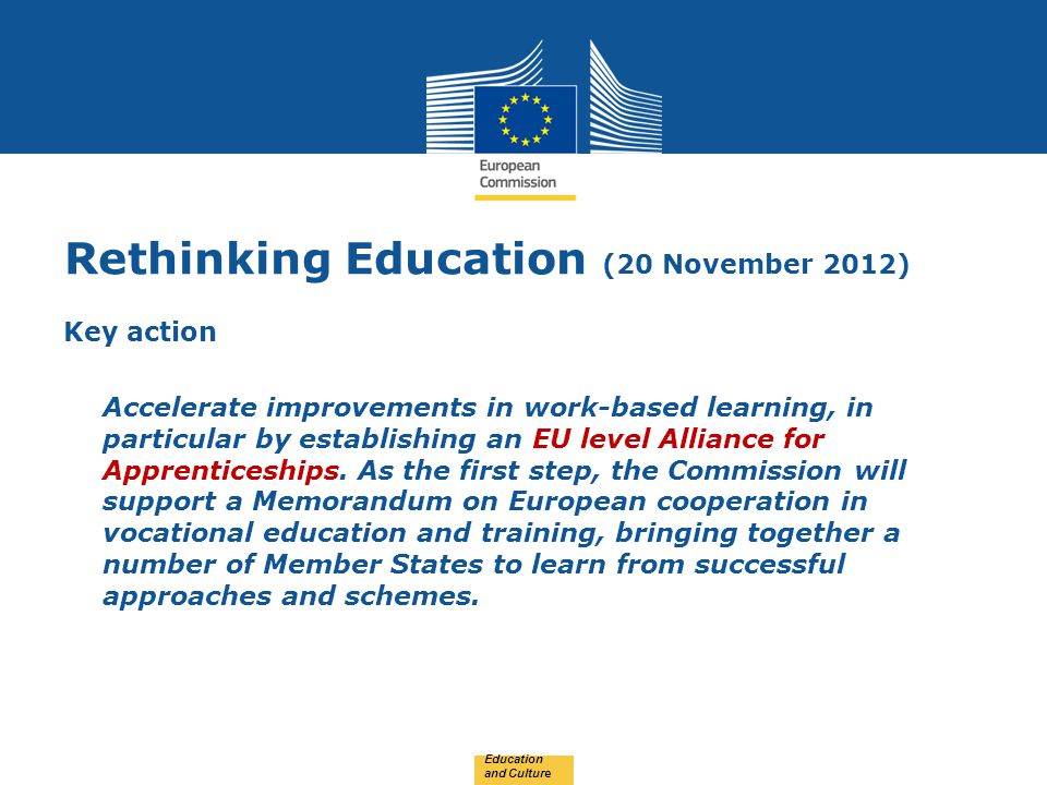 Date: in 12 pts Rethinking Education (20 November 2012) Key action Accelerate improvements in work-based learning, in particular by establishing an EU level Alliance for Apprenticeships.