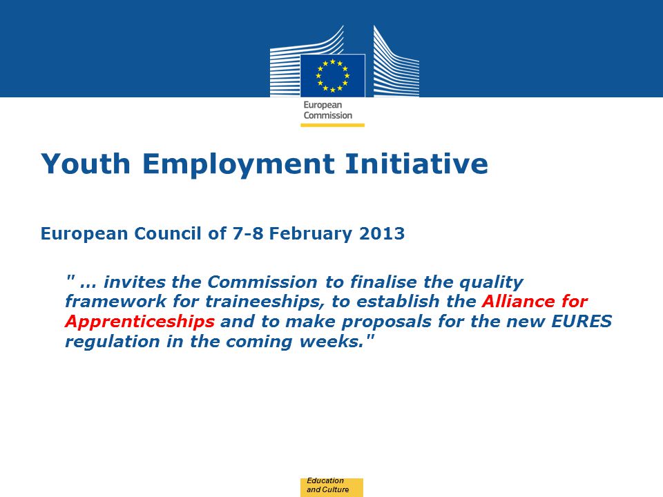 Date: in 12 pts Youth Employment Initiative European Council of 7-8 February 2013 … invites the Commission to finalise the quality framework for traineeships, to establish the Alliance for Apprenticeships and to make proposals for the new EURES regulation in the coming weeks. Education and Culture