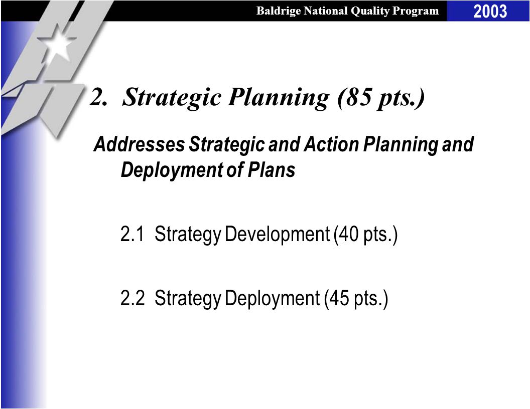 Baldrige National Quality Program 2003 Addresses Strategic and Action Planning and Deployment of Plans 2.1 Strategy Development (40 pts.) 2.2 Strategy Deployment (45 pts.) 2.