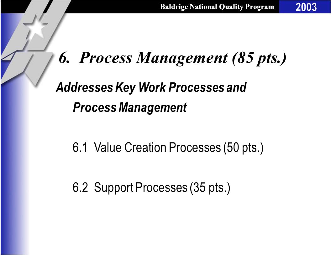 Baldrige National Quality Program 2003 Addresses Key Work Processes and Process Management 6.1 Value Creation Processes (50 pts.) 6.2 Support Processes (35 pts.) 6.