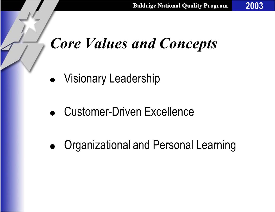 Baldrige National Quality Program 2003 Core Values and Concepts l Visionary Leadership l Customer-Driven Excellence l Organizational and Personal Learning