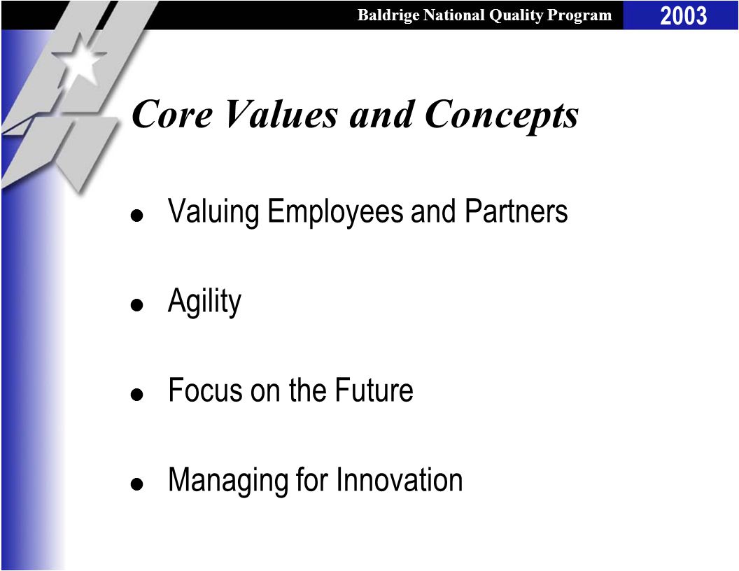 Baldrige National Quality Program 2003 Core Values and Concepts l Valuing Employees and Partners l Agility l Focus on the Future l Managing for Innovation
