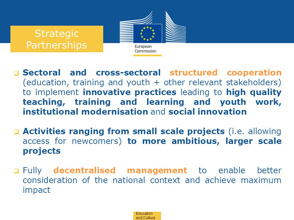 Date: in 12 pts  Sectoral and cross-sectoral structured cooperation (education, training and youth + other relevant stakeholders) to implement innovative practices leading to high quality teaching, training and learning and youth work, institutional modernisation and social innovation  Activities ranging from small scale projects (i.e.
