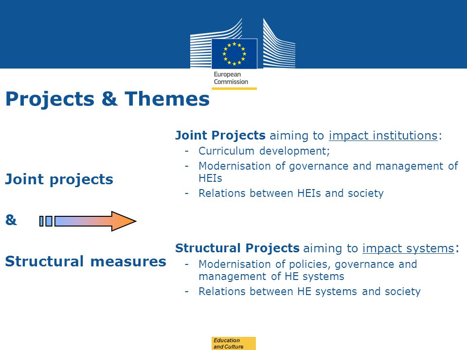 Date: in 12 pts Projects & Themes Joint projects & Structural measures Joint Projects aiming to impact institutions: -Curriculum development; -Modernisation of governance and management of HEIs -Relations between HEIs and society Structural Projects aiming to impact systems : -Modernisation of policies, governance and management of HE systems -Relations between HE systems and society Education and Culture