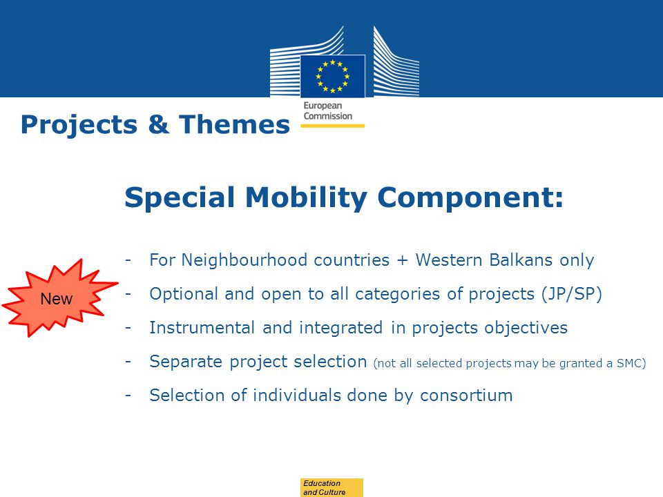 Date: in 12 pts Projects & Themes Special Mobility Component: -For Neighbourhood countries + Western Balkans only -Optional and open to all categories of projects (JP/SP) -Instrumental and integrated in projects objectives -Separate project selection (not all selected projects may be granted a SMC) -Selection of individuals done by consortium Education and Culture New