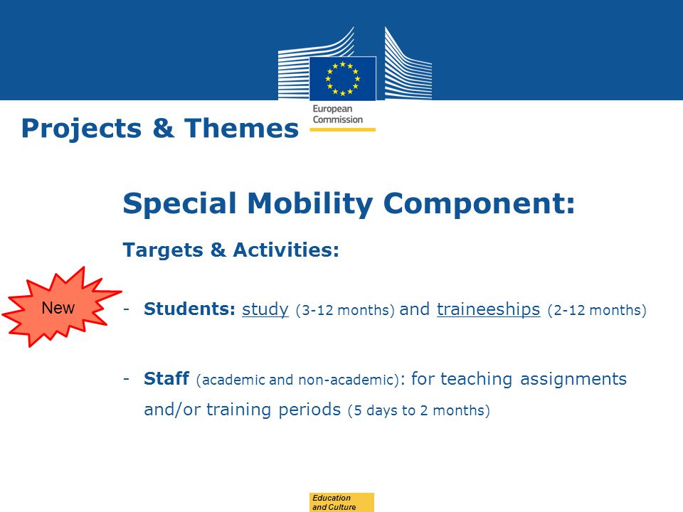 Date: in 12 pts Projects & Themes Special Mobility Component: Targets & Activities: -Students: study (3-12 months) and traineeships (2-12 months) -Staff (academic and non-academic) : for teaching assignments and/or training periods (5 days to 2 months) Education and Culture New