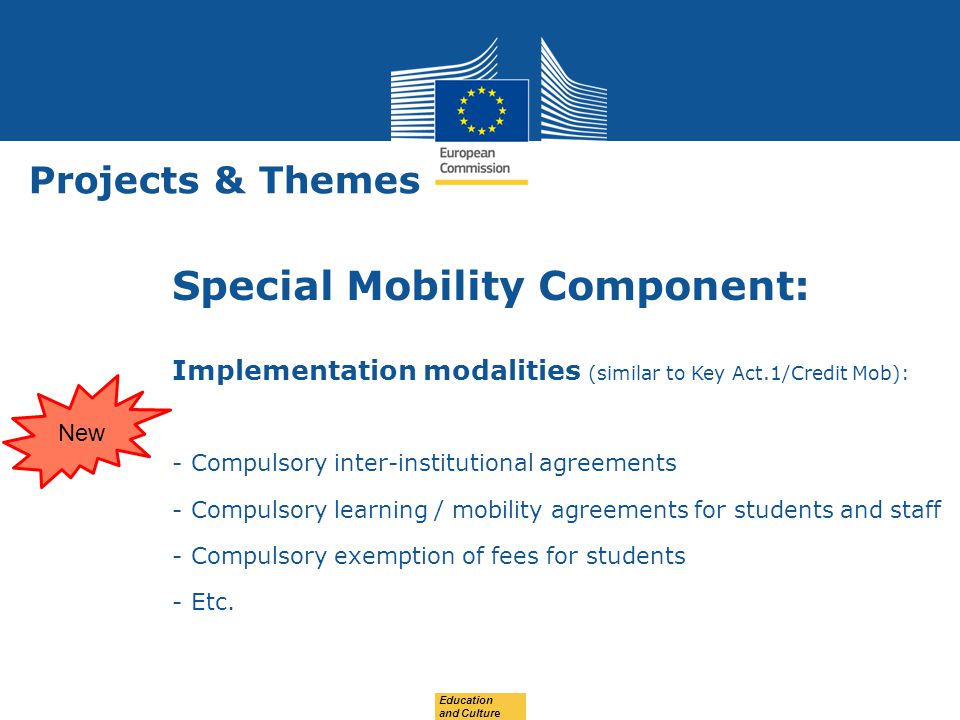 Date: in 12 pts Projects & Themes Special Mobility Component: Implementation modalities (similar to Key Act.1/Credit Mob): -Compulsory inter-institutional agreements -Compulsory learning / mobility agreements for students and staff -Compulsory exemption of fees for students -Etc.