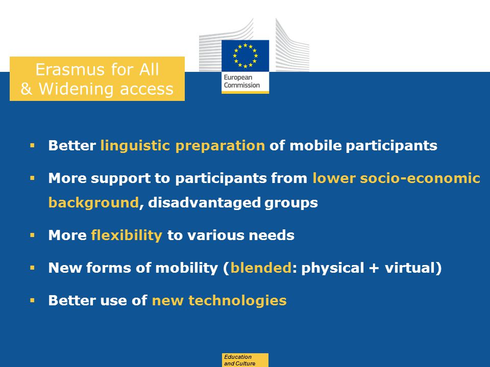 Date: in 12 pts Education and Culture Erasmus for All & Widening access  Better linguistic preparation of mobile participants  More support to participants from lower socio-economic background, disadvantaged groups  More flexibility to various needs  New forms of mobility (blended: physical + virtual)  Better use of new technologies