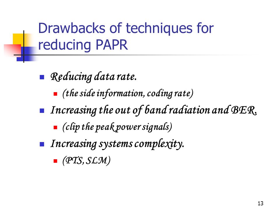 13 Drawbacks of techniques for reducing PAPR Reducing data rate.