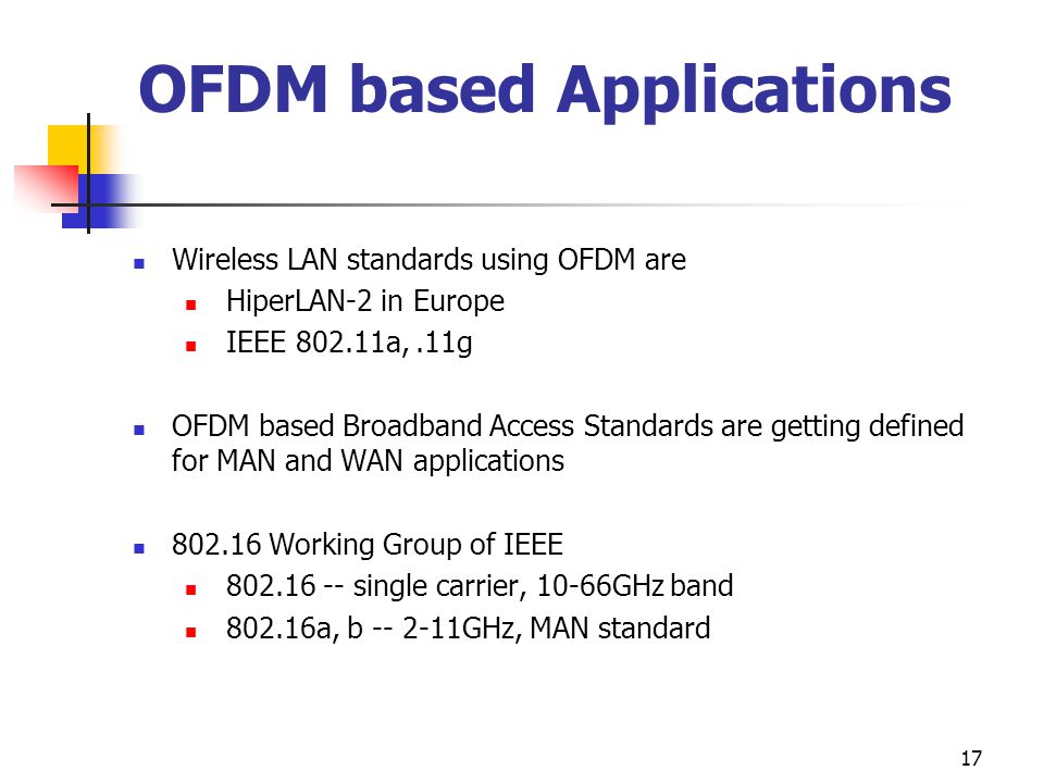 17 OFDM based Applications Wireless LAN standards using OFDM are HiperLAN-2 in Europe IEEE a,.11g OFDM based Broadband Access Standards are getting defined for MAN and WAN applications Working Group of IEEE single carrier, 10-66GHz band a, b GHz, MAN standard