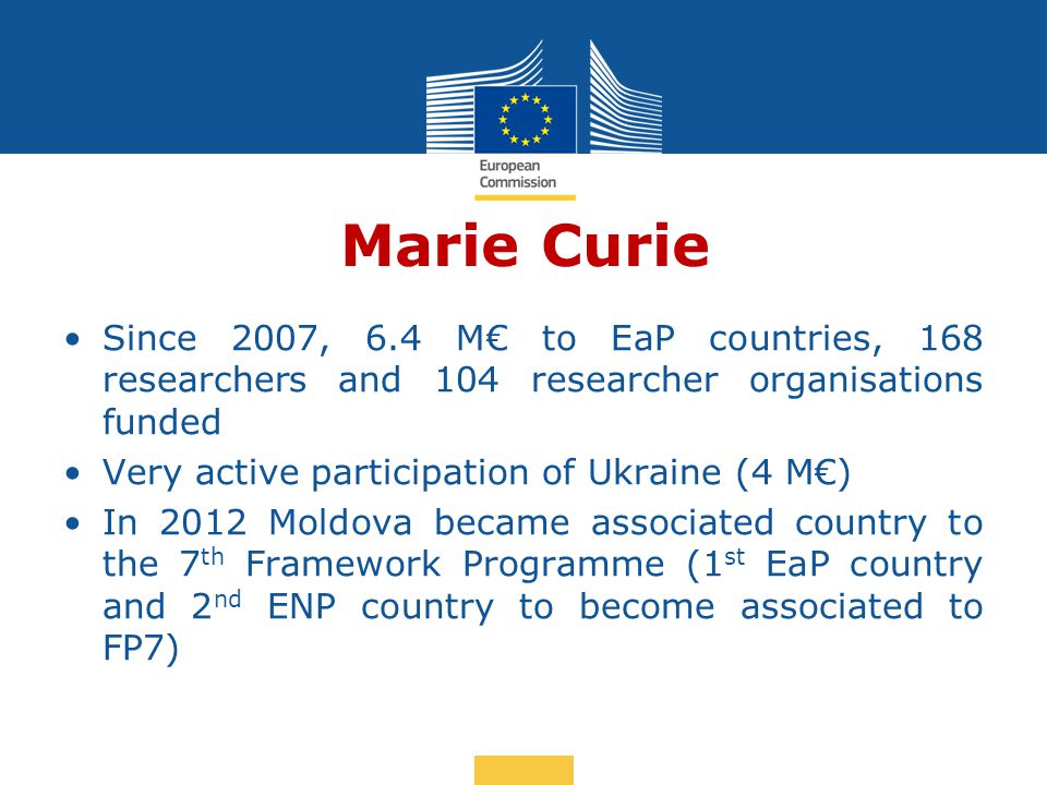 Date: in 12 pts Marie Curie Since 2007, 6.4 M€ to EaP countries, 168 researchers and 104 researcher organisations funded Very active participation of Ukraine (4 M€) In 2012 Moldova became associated country to the 7 th Framework Programme (1 st EaP country and 2 nd ENP country to become associated to FP7)