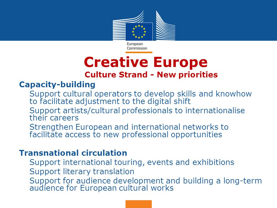 Date: in 12 pts Creative Europe Creative Europe Culture Strand - New priorities Capacity-building Support cultural operators to develop skills and knowhow to facilitate adjustment to the digital shift Support artists/cultural professionals to internationalise their careers Strengthen European and international networks to facilitate access to new professional opportunities Transnational circulation Support international touring, events and exhibitions Support literary translation Support for audience development and building a long-term audience for European cultural works