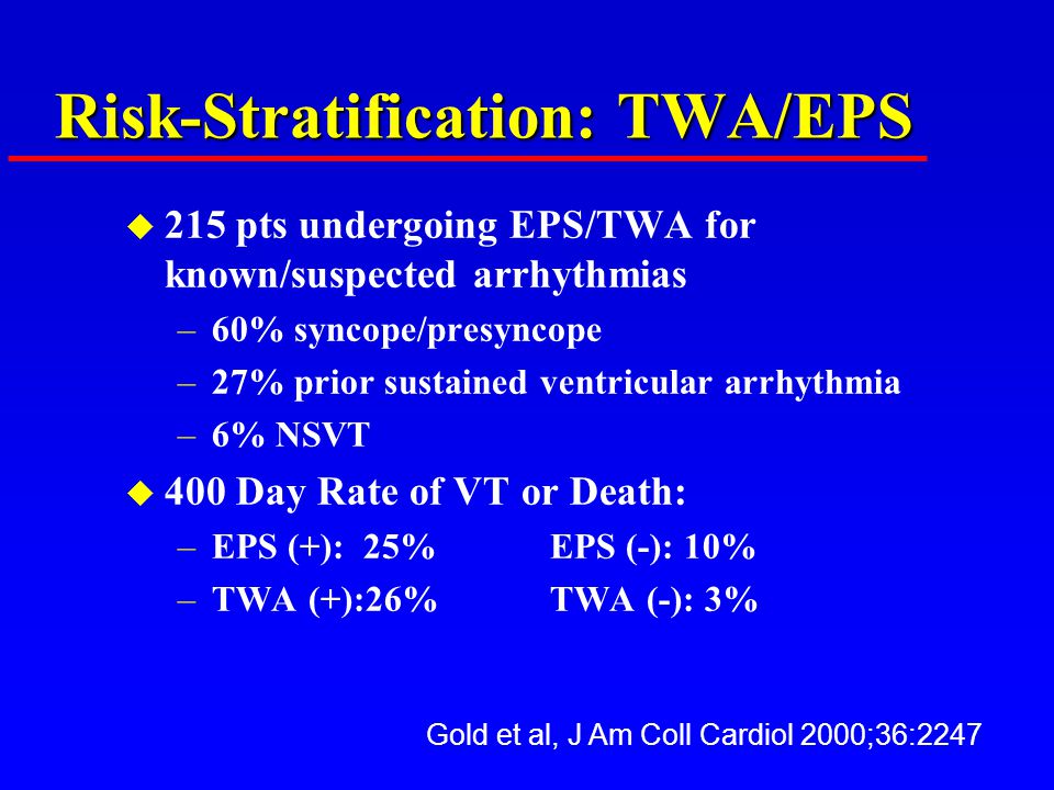 Risk-Stratification: TWA/EPS u 215 pts undergoing EPS/TWA for known/suspected arrhythmias –60% syncope/presyncope –27% prior sustained ventricular arrhythmia –6% NSVT u 400 Day Rate of VT or Death: –EPS (+): 25%EPS (-): 10% –TWA (+):26%TWA (-): 3% Gold et al, J Am Coll Cardiol 2000;36:2247