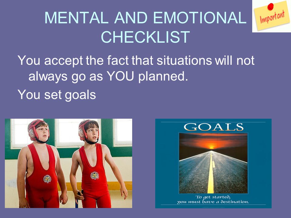 MENTAL AND EMOTIONAL CHECKLIST You accept the fact that situations will not always go as YOU planned.