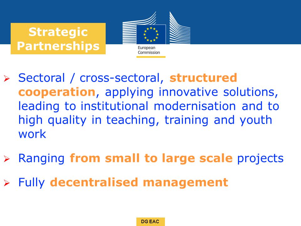 Date: in 12 pts  Sectoral / cross-sectoral, structured cooperation, applying innovative solutions, leading to institutional modernisation and to high quality in teaching, training and youth work  Ranging from small to large scale projects  Fully decentralised management Strategic Partnerships DG EAC
