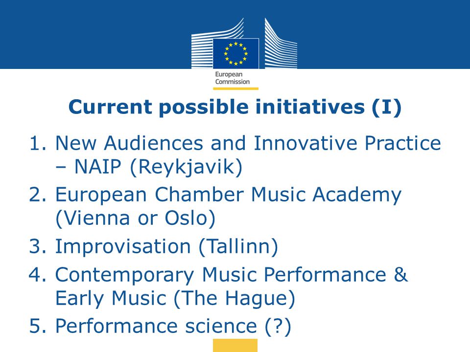 Date: in 12 pts Current possible initiatives (I) 1.New Audiences and Innovative Practice – NAIP (Reykjavik) 2.European Chamber Music Academy (Vienna or Oslo) 3.Improvisation (Tallinn) 4.Contemporary Music Performance & Early Music (The Hague) 5.Performance science ( )