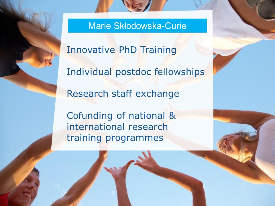 Date: in 12 pts Innovative PhD Training Individual postdoc fellowships Research staff exchange Cofunding of national & international research training programmes Marie Skłodowska-Curie