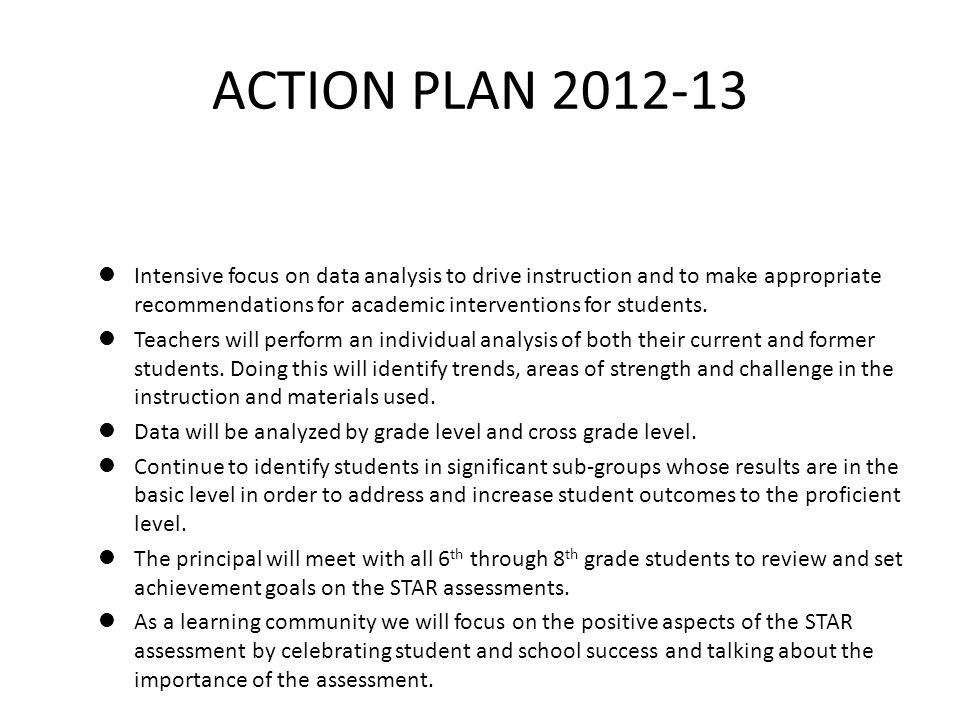 ACTION PLAN Intensive focus on data analysis to drive instruction and to make appropriate recommendations for academic interventions for students.