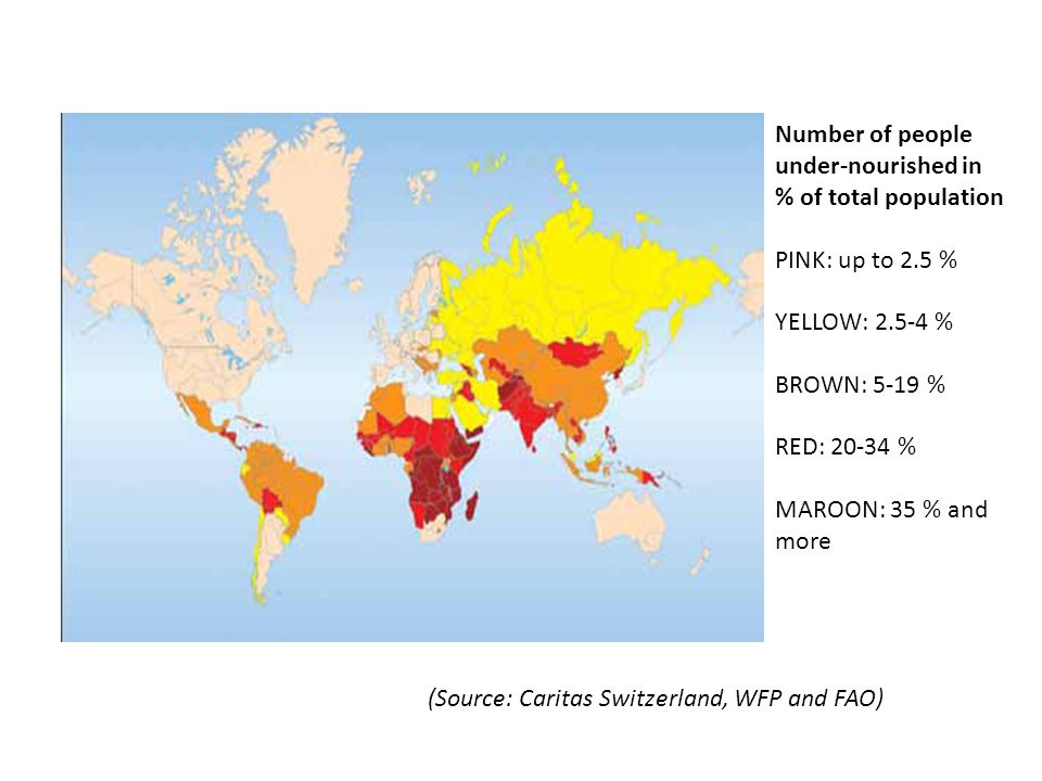 Number of people under-nourished in % of total population PINK: up to 2.5 % YELLOW: % BROWN: 5-19 % RED: % MAROON: 35 % and more (Source: Caritas Switzerland, WFP and FAO)