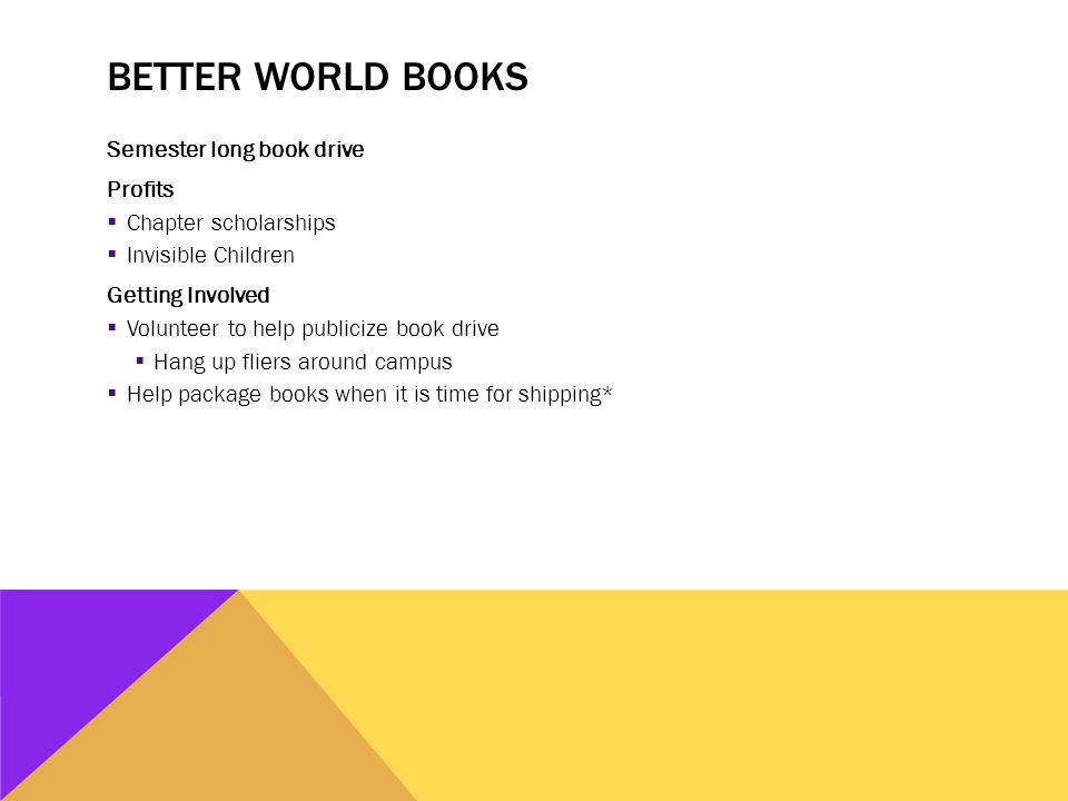 BETTER WORLD BOOKS Semester long book drive Profits  Chapter scholarships  Invisible Children Getting Involved  Volunteer to help publicize book drive  Hang up fliers around campus  Help package books when it is time for shipping*