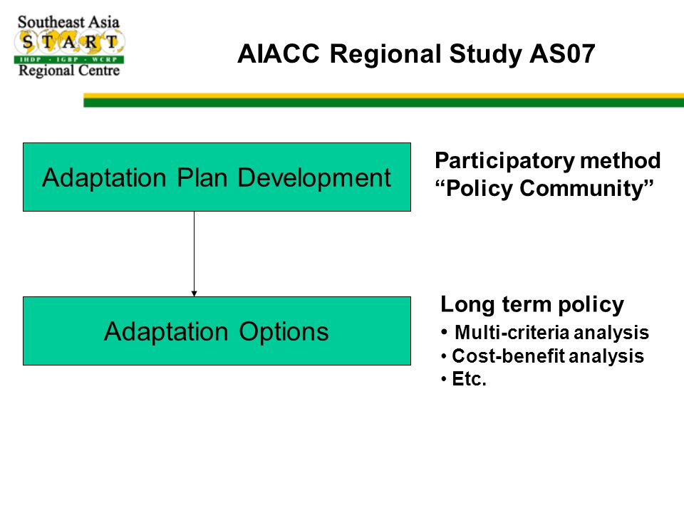 AIACC Regional Study AS07 Adaptation Plan Development Participatory method Policy Community Adaptation Options Long term policy Multi-criteria analysis Cost-benefit analysis Etc.