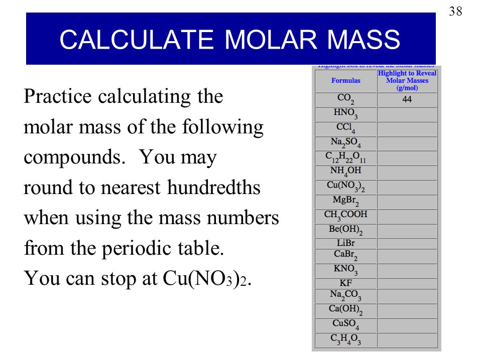 Chapter 3 1 To 5 Student Notes Stoichiometry Table Of 38 Calculate Molar Mass Practice Calculating The Of Following Compounds