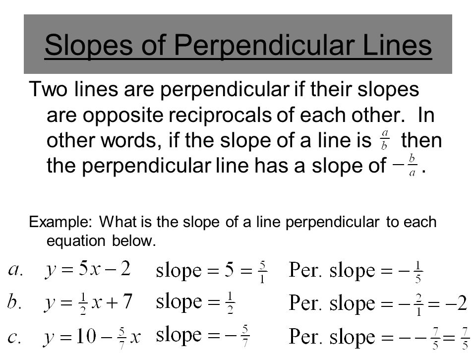 Slopes of Perpendicular Lines Two lines are perpendicular if their slopes are opposite reciprocals of each other.