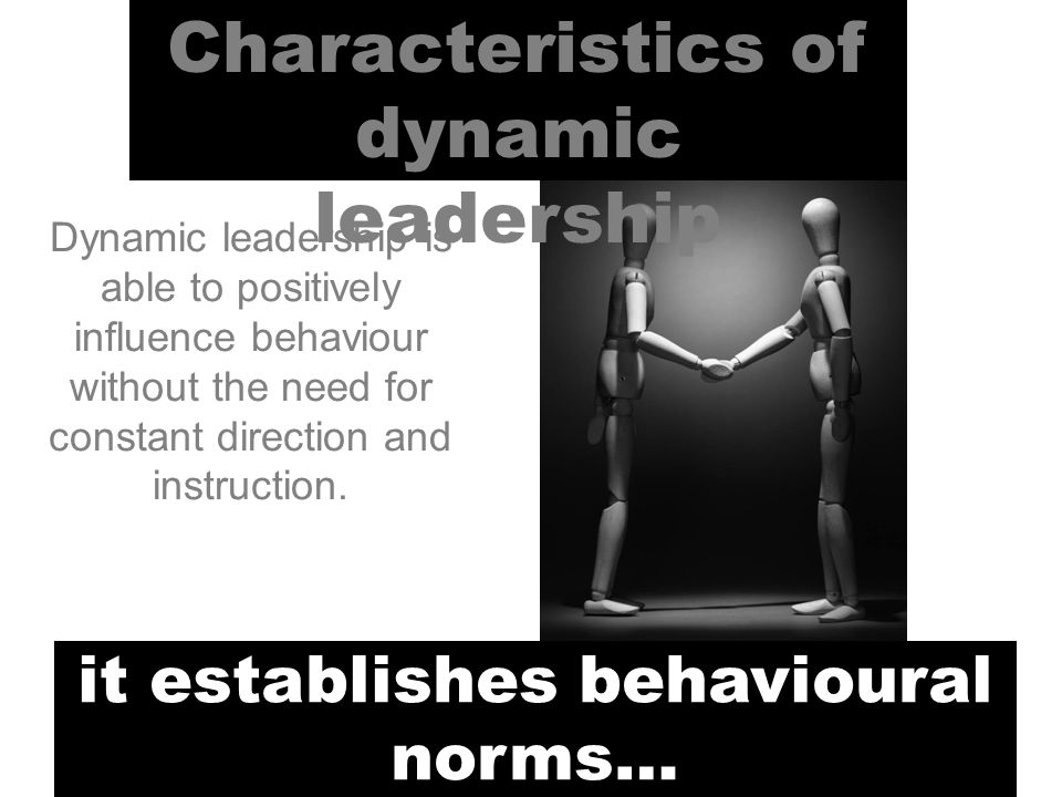 Characteristics of dynamic leadership it establishes behavioural norms… Dynamic leadership is able to positively influence behaviour without the need for constant direction and instruction.